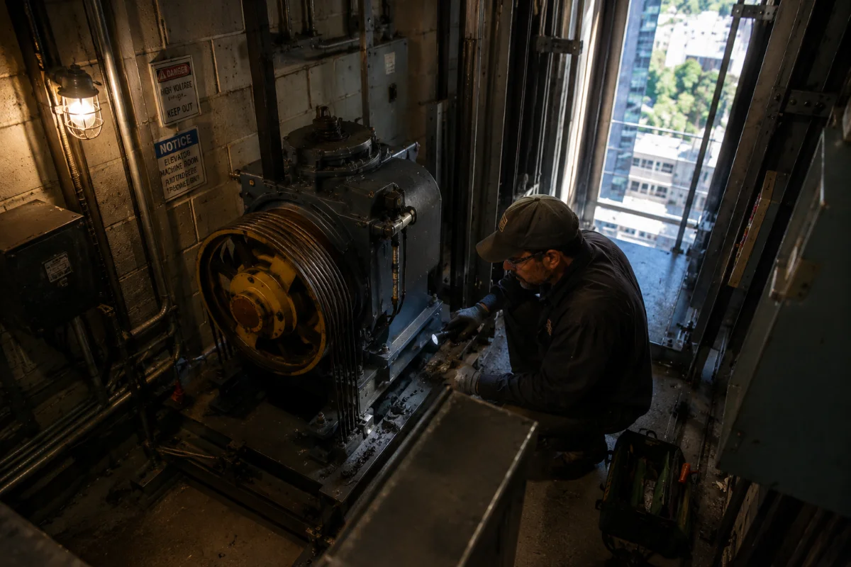 A technician inspects an elevator traction machine by flashlight in an elevator machine room.