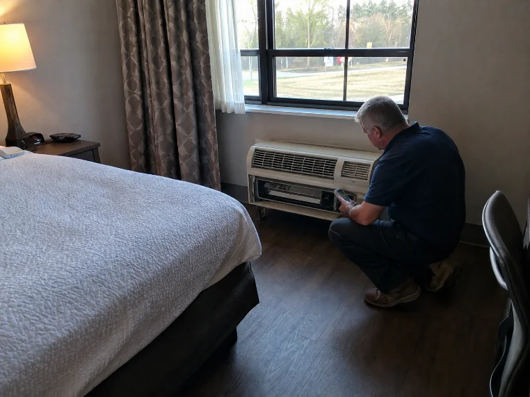 A man crouches beside an under-window PTAC unit in a hotel guest room, its lower panel open and a device in his hand, with the bed and window alongside.